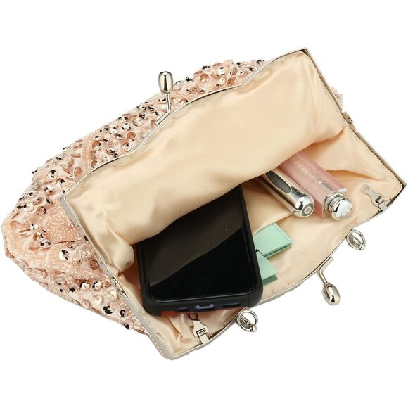 BEADED Sequin Flower Clutch Bag Champagne - Picture 5 of 8